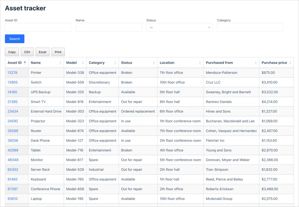 An asset tracking system; a table showing details about different assets and equipment with a search bar at the top.