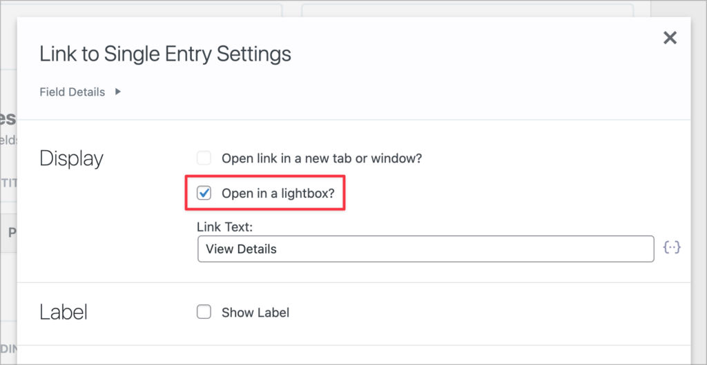 A checkbox labeled 'Open in lightbox?'