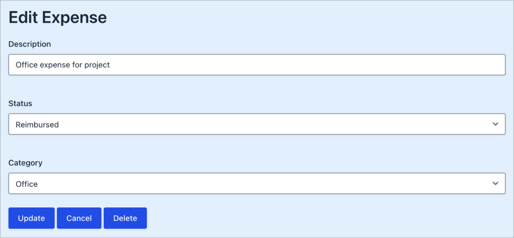 Form fields for editing the description, status and category of an expense