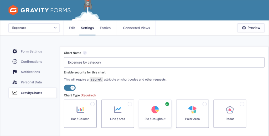 The GravityCharts feed configuration page