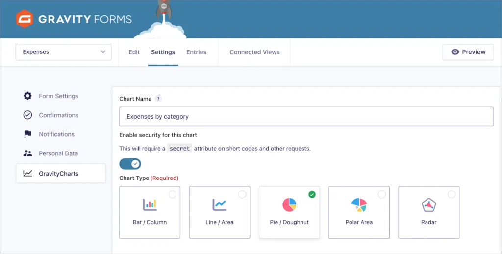 The GravityCharts feed configuration page