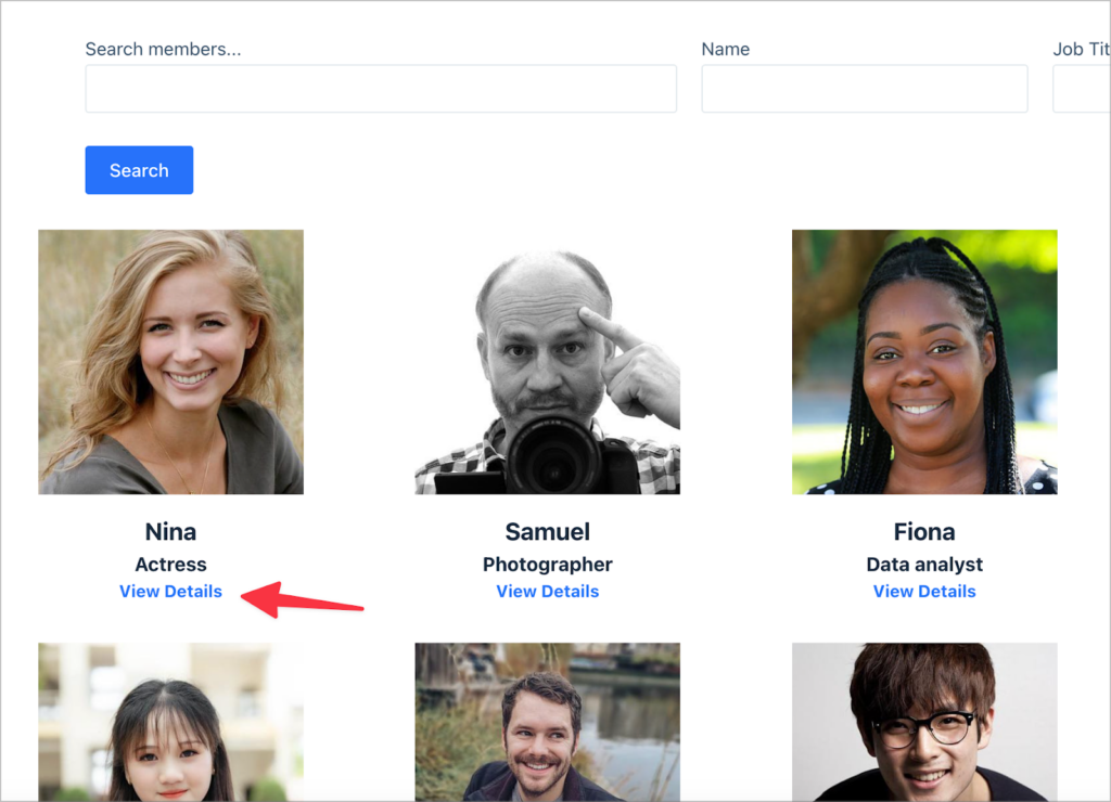 A member directory; underneath each listing is a link with the text 'View Details'