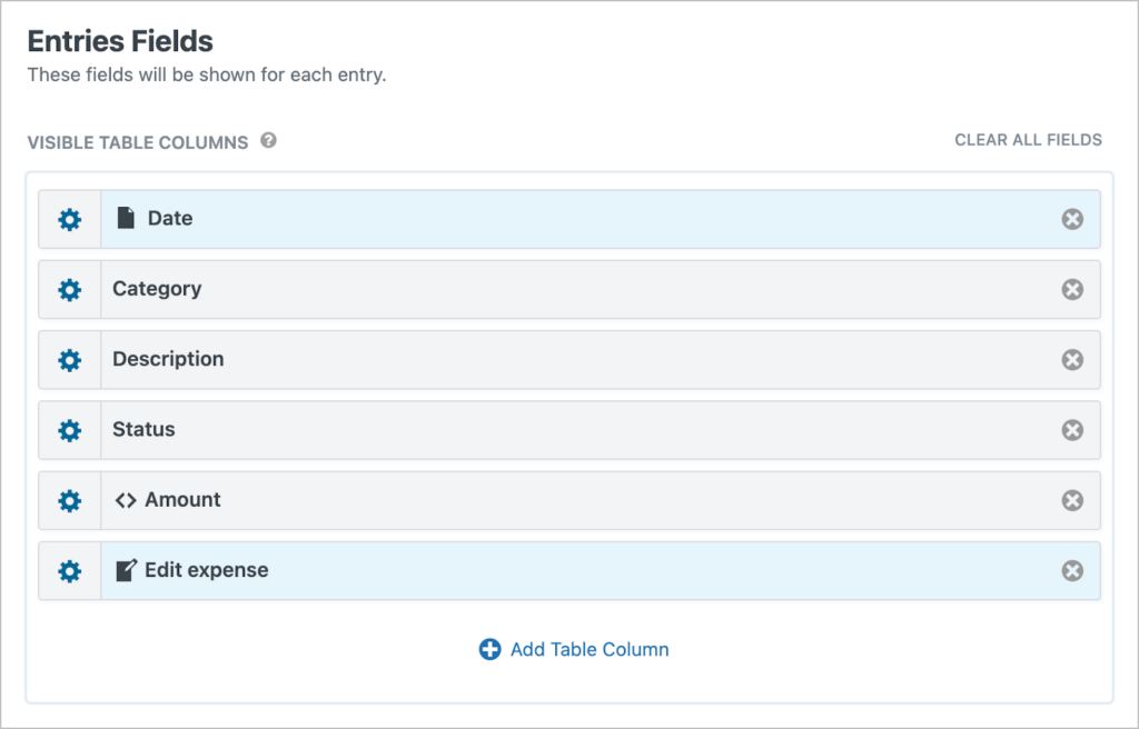 The 'Entries Fields' section of the GravityView View editor; here there are fields added including the date, category, description, status and amount.