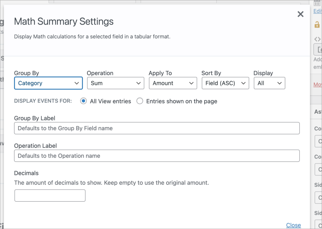 The Math Summary widget settings