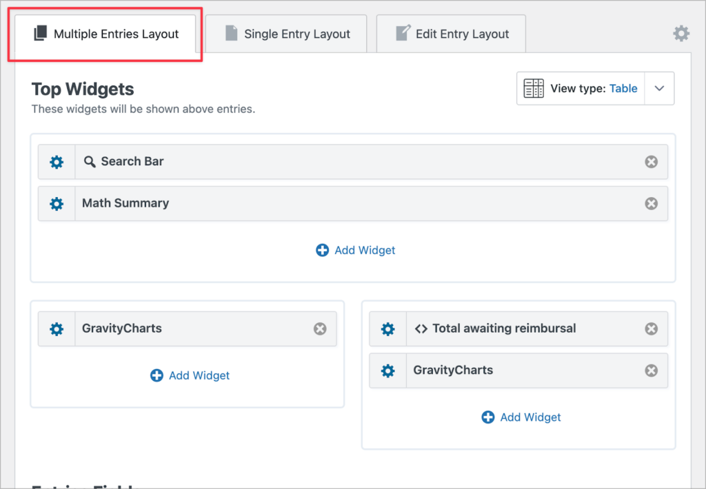 The top widgets area of the View editor; here there is a Search Bar widget, a Math Summary widget, two GravityCharts widgets, and a Custom Content widget.