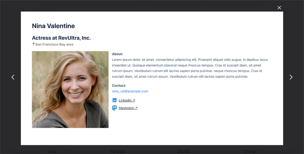 A member profile inside a lightbox that overlays the current screen; there are arrows on either side to navigate between entries