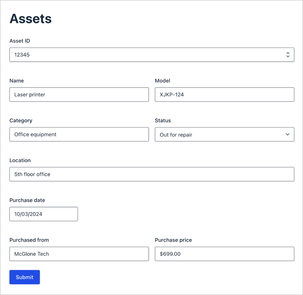 A form titled 'Assets'; here there are various fields for asset details