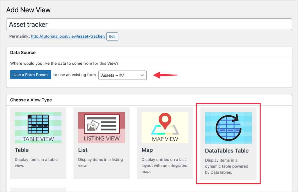 The GravityView View creation screen; there is an arrow pointing to the data source drop down field; under View type