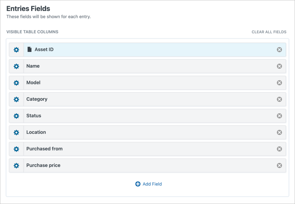 The 'Entries Fields' section of the View editor