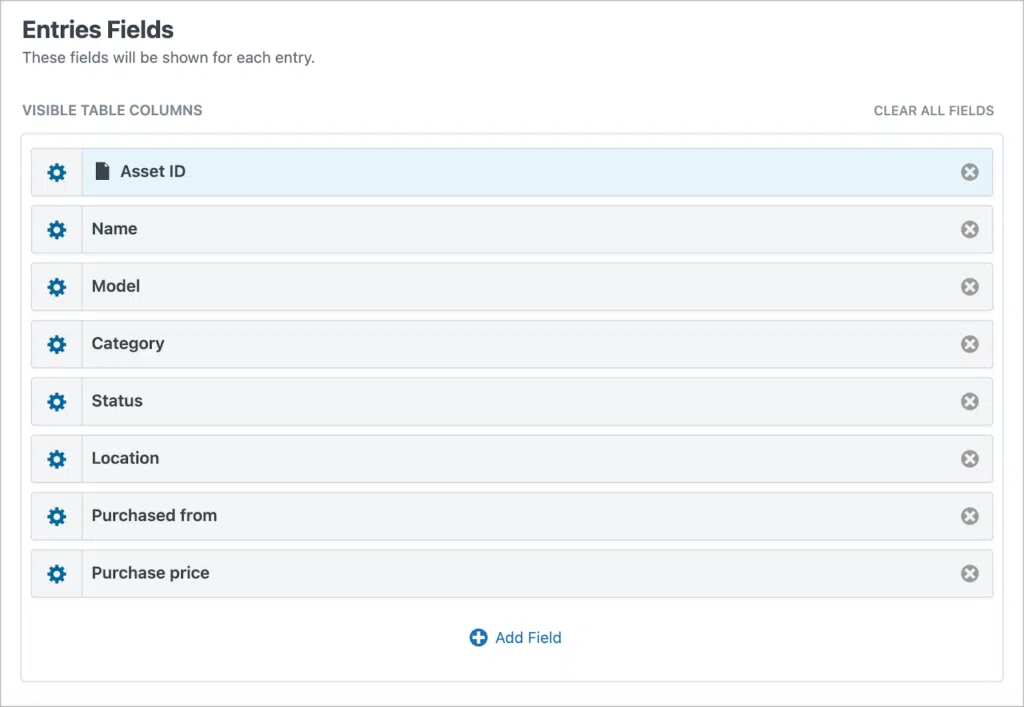 The 'Entries Fields' section of the View editor