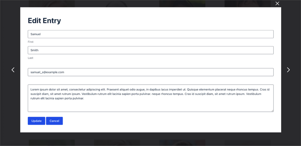 The Edit Entry screen (allowing a user to edit profile information) inside a lightbox that overlays the current page.