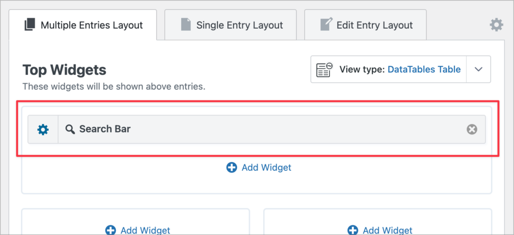 A search bar widget added to the 'Top Widgets' section of the View editor