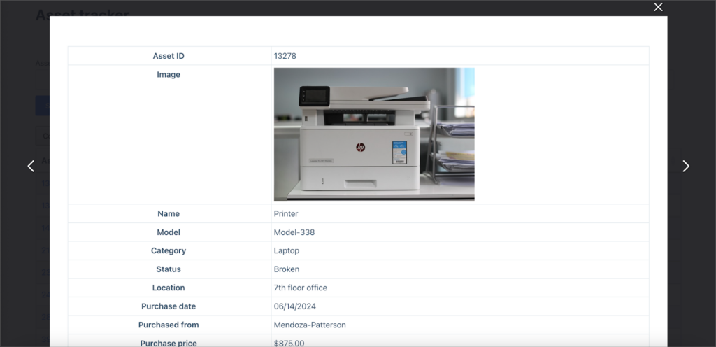 A popup lightbox showing information about a specific asset