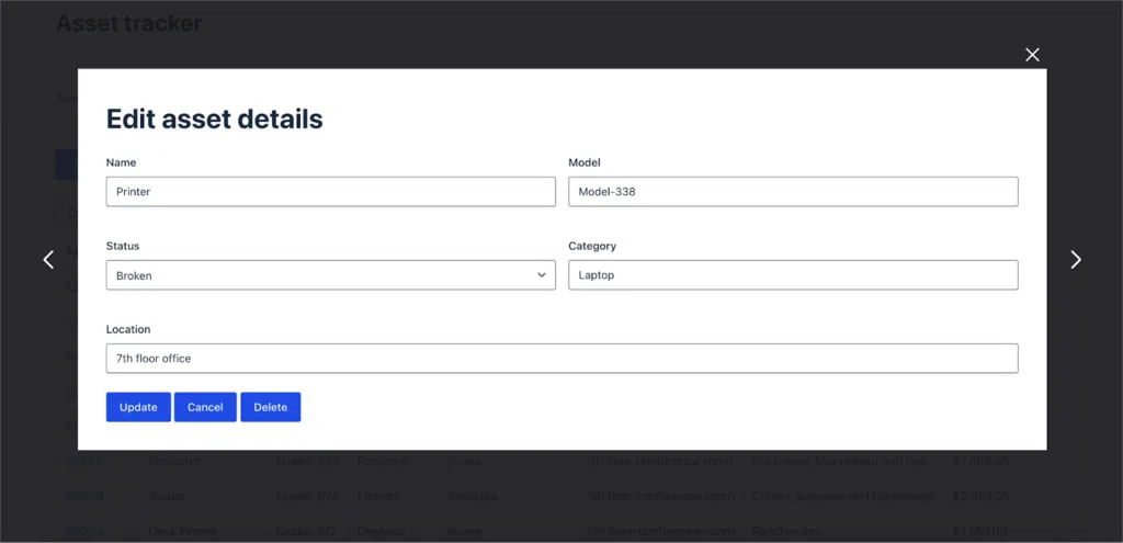 Form fields editable from the front end; the Name, Model, Status, Category and Location fields are visible
