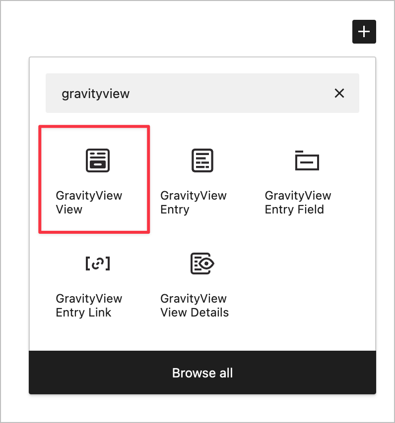 The 'GravityView View' block in the WordPress editor that can be used to embed a View on a page or post