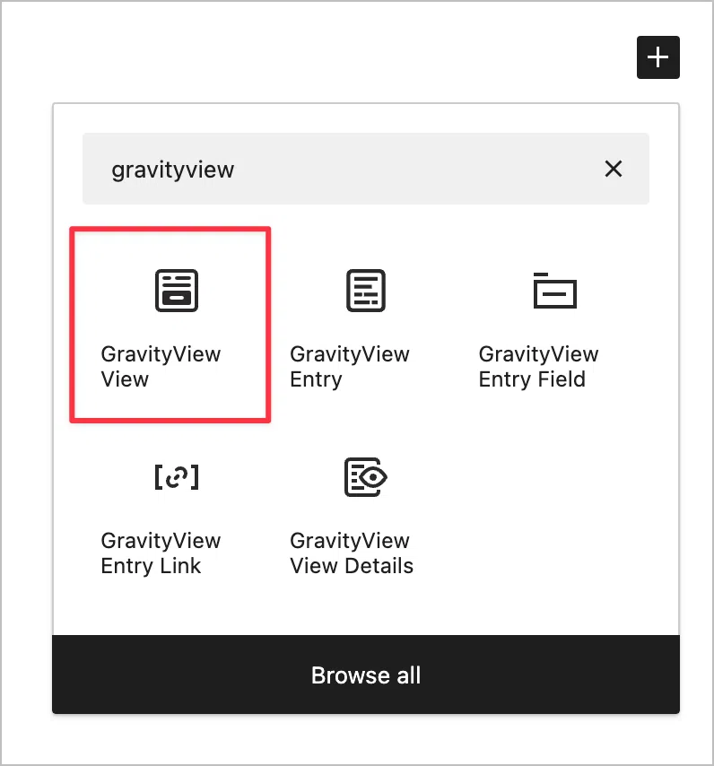 The 'GravityView View' block in the WordPress editor that can be used to embed a View on a page or post