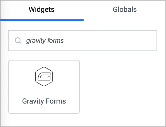 The Gravity Forms widget inside the Elementor widget picker