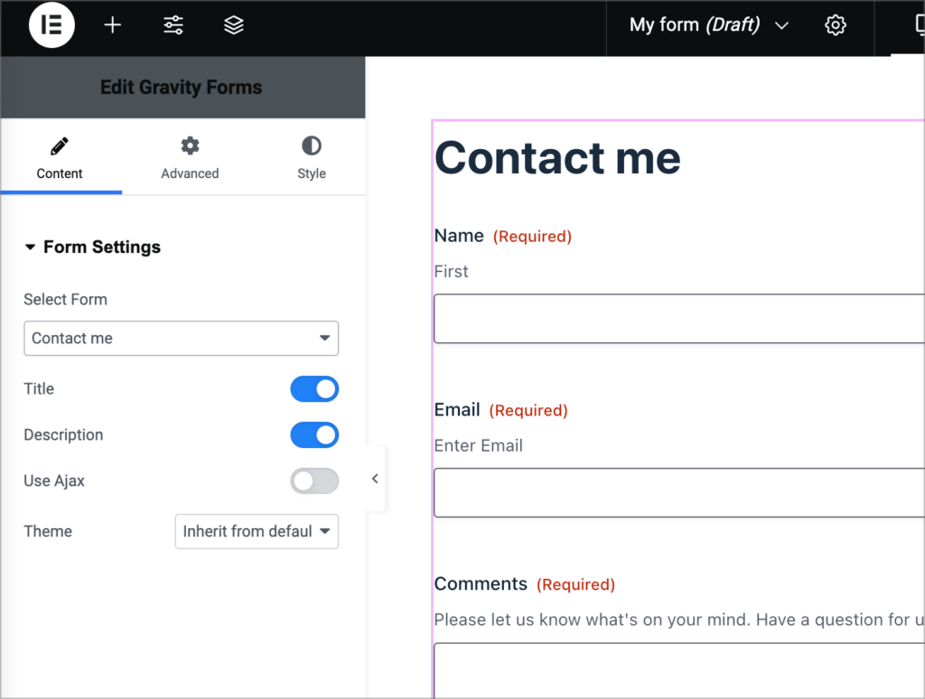 The different options for customizing a Gravity Forms using the Elementor widget