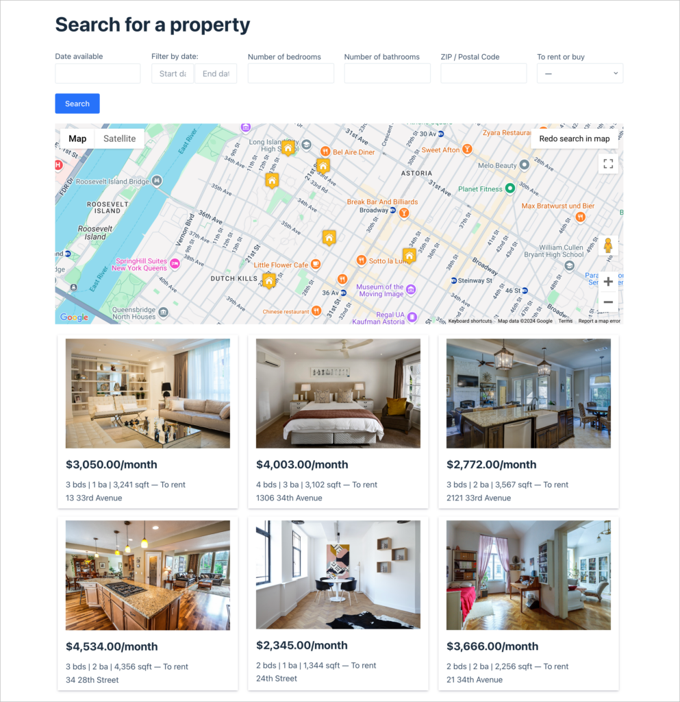 A real estate directory built with GravityView; there is a search bar, an interactive map, and a grid of listings