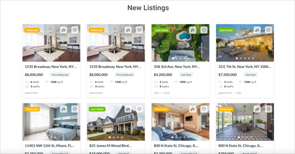 A grid of real-estate listings created with the Estatik plugin