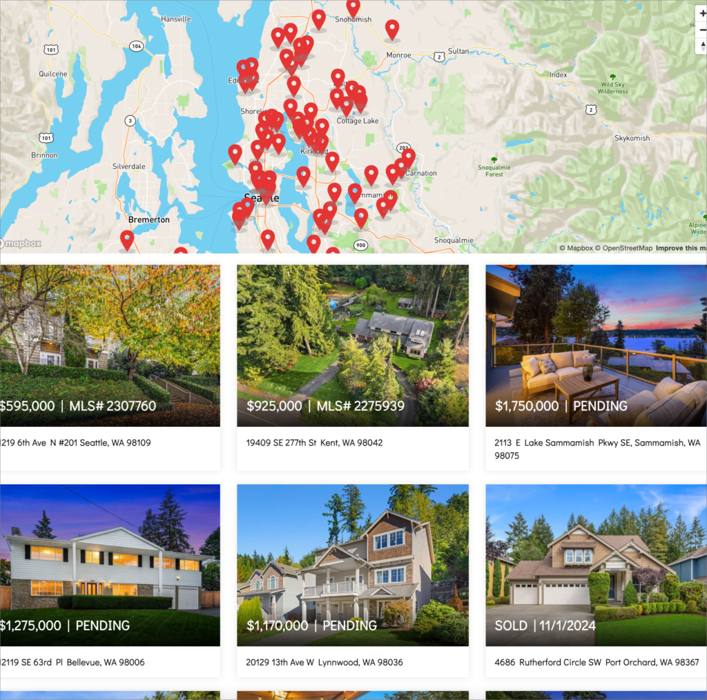 A real-estate listing site showing a map at the top and a grid of listings below