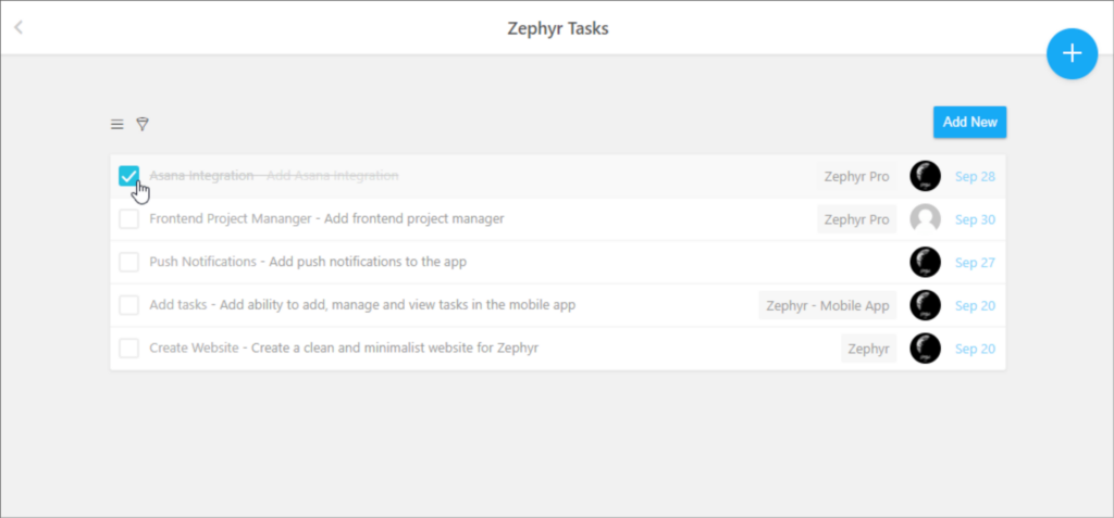 The Zephyr Tasks interface; it is a checklist for adding tasks and checking them off