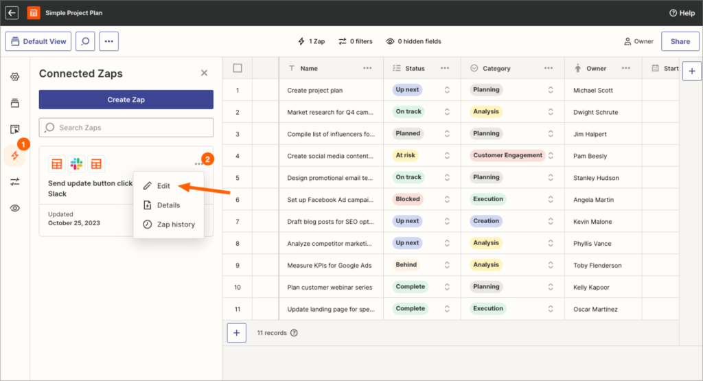 A Zapier table showing tasks with statuses and categories; besides that there is a new Zap on the left that sends notifications to Slack