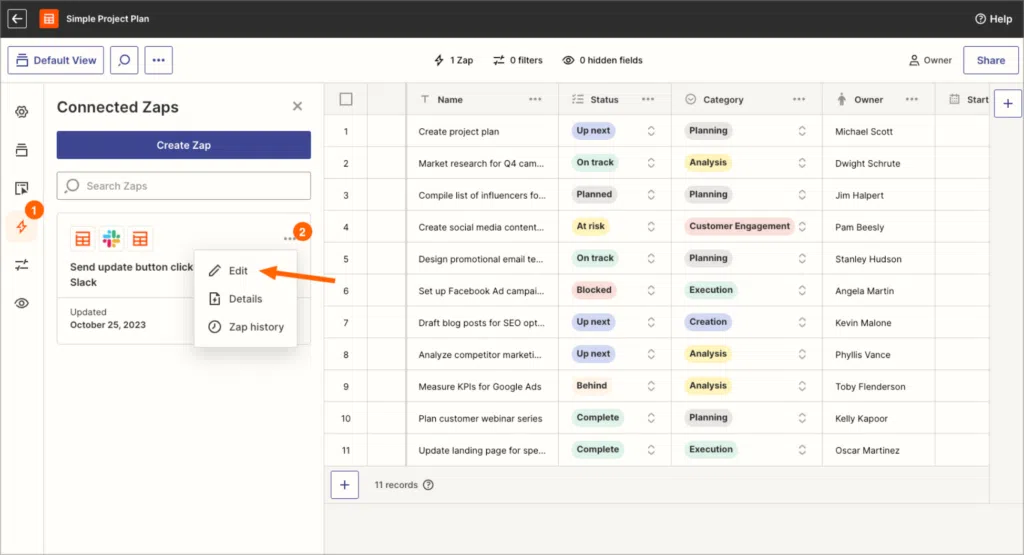 A Zapier table showing tasks with statuses and categories; besides that there is a new Zap on the left that sends notifications to Slack