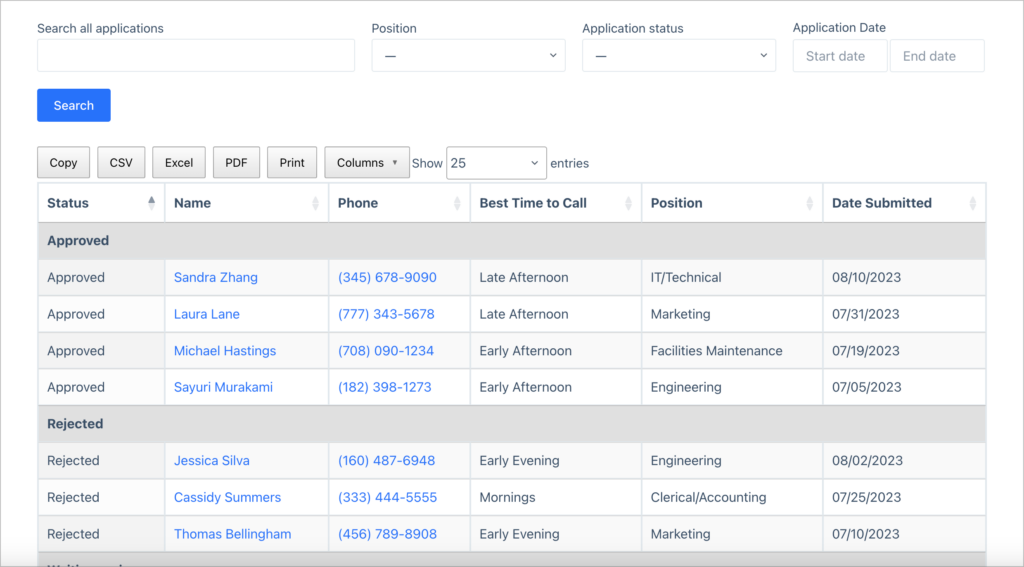Job application management interface—built with GravityView.