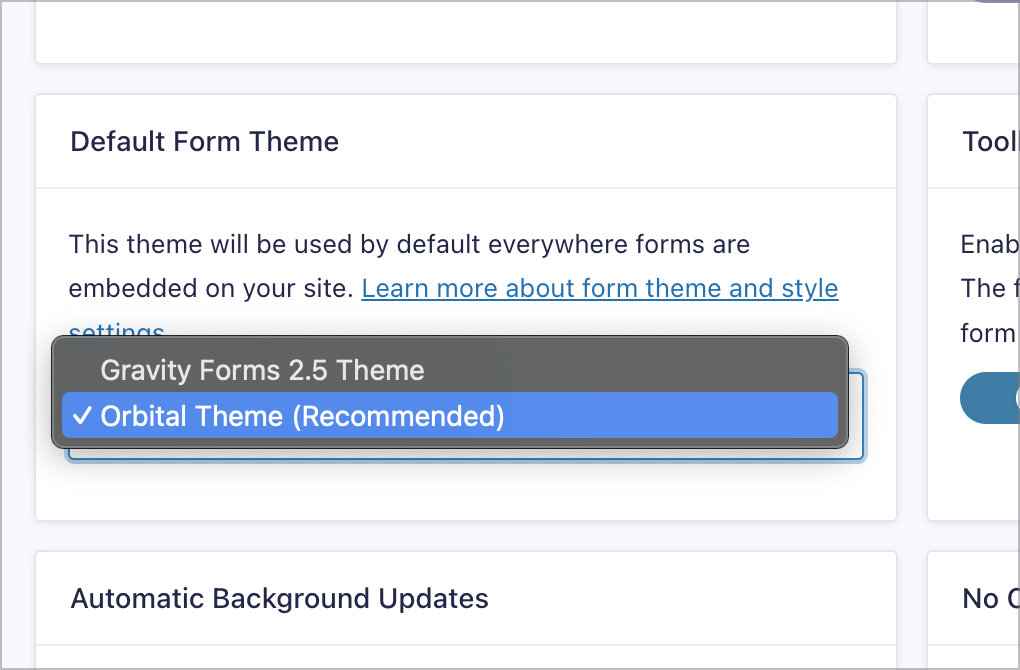 The 'Default Form Theme' option in the Gravity Forms settings