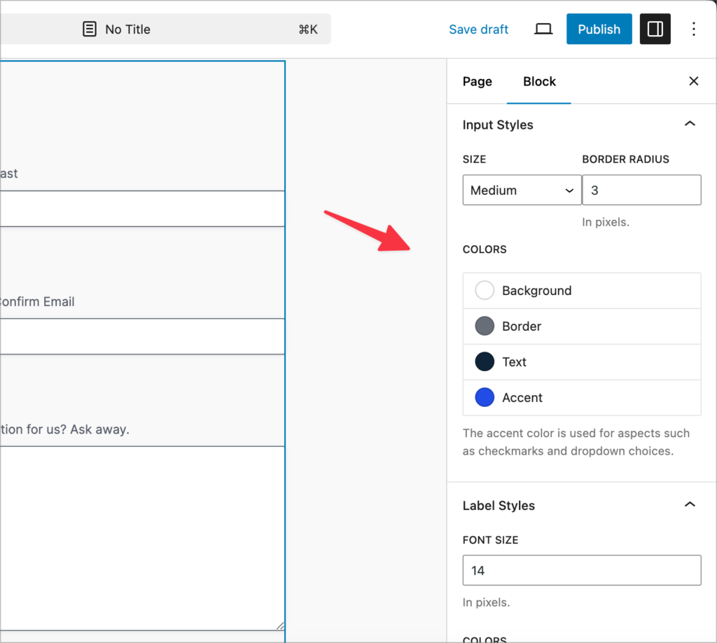 The form style options in the Gravity Forms block settings; here there are options to alter the colors, labeles styles, and more