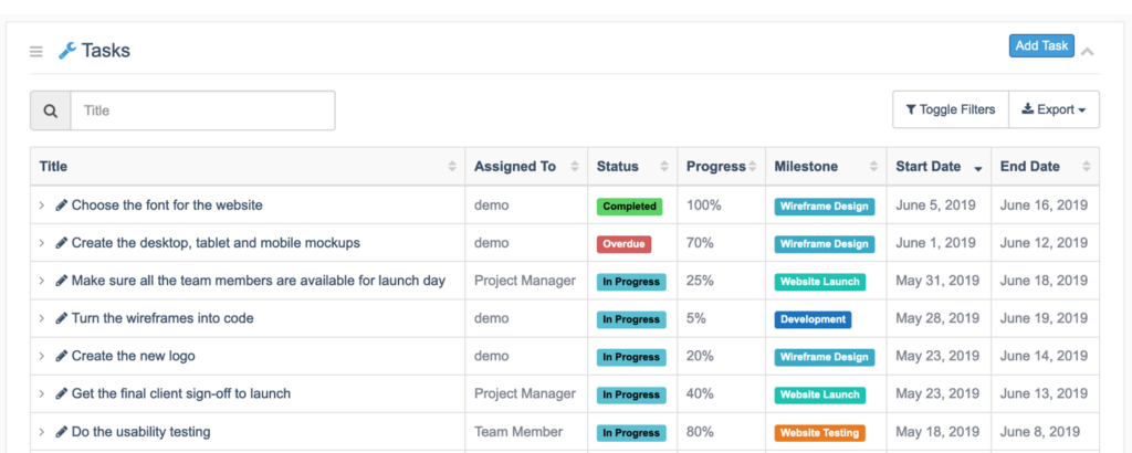 UpStream task management interface—a table with info about each task including title, person assigned to, progress, start and end date