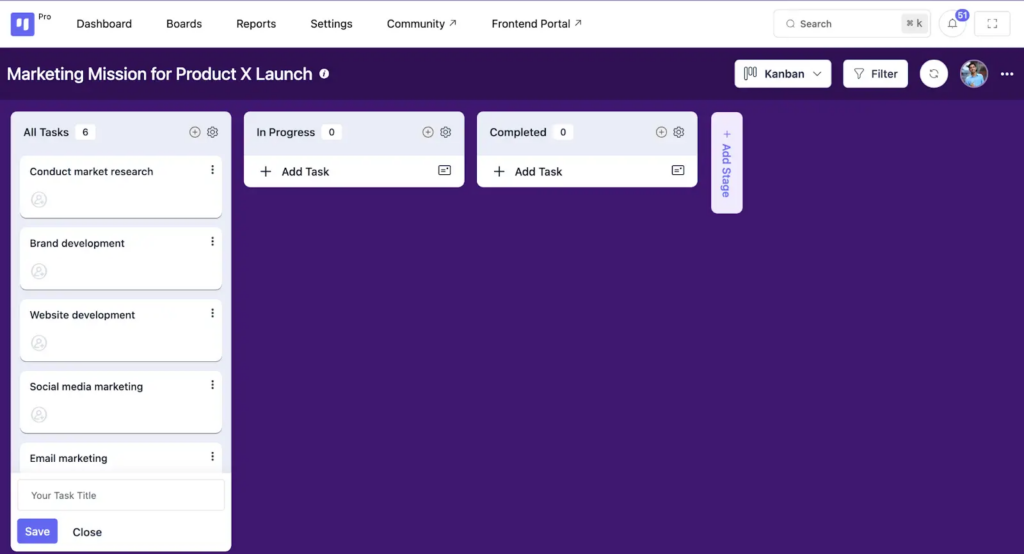A kanban board with tasks in three columns—All, In Progress and Completed.