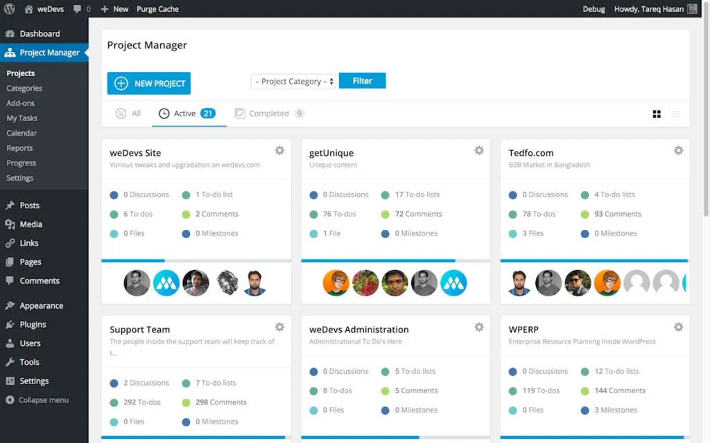 The projects dashboard showing a snapshot of the status of different projects in a grid.