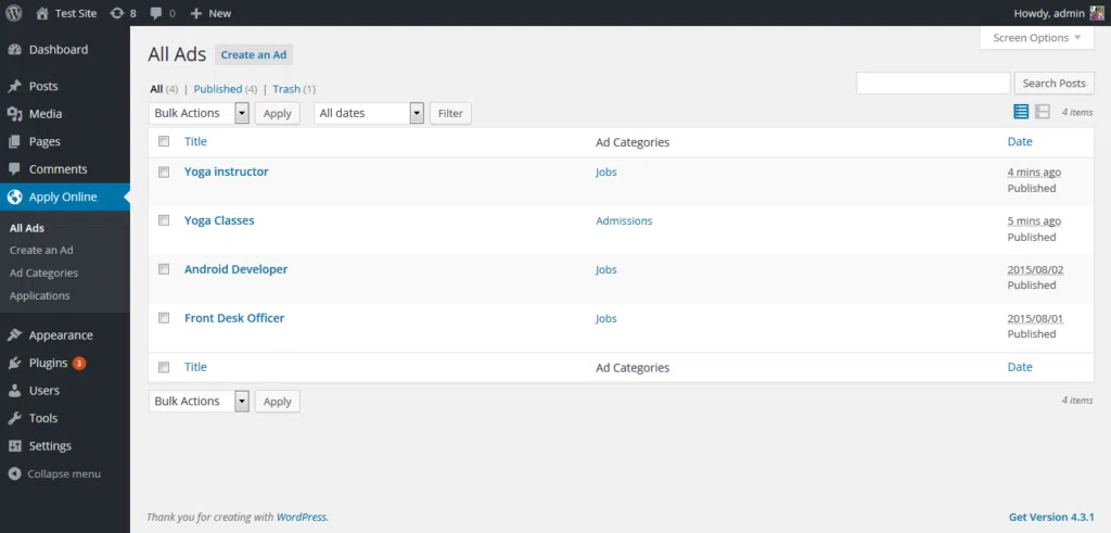 ApplyOnline WordPress plugin interface in the WordPress dashboard; there is a page titled 'All Ads' with a table of job ads