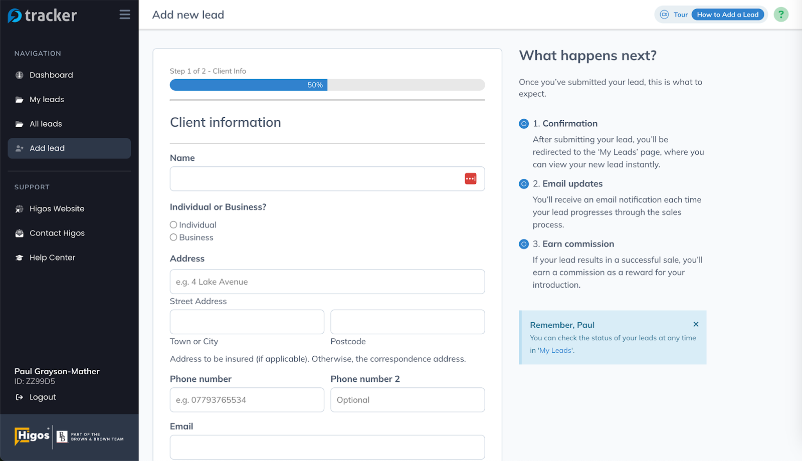 The 'Add new lead' form in the Tracker dashboard enabling affiliates to log a new lead