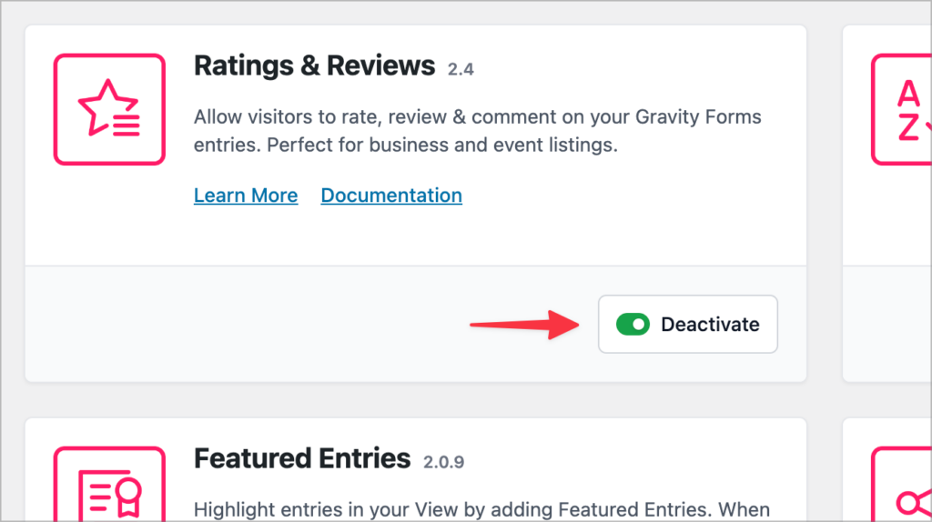 A toggle indicating 'activated' on the Ratings & Reviews extension card