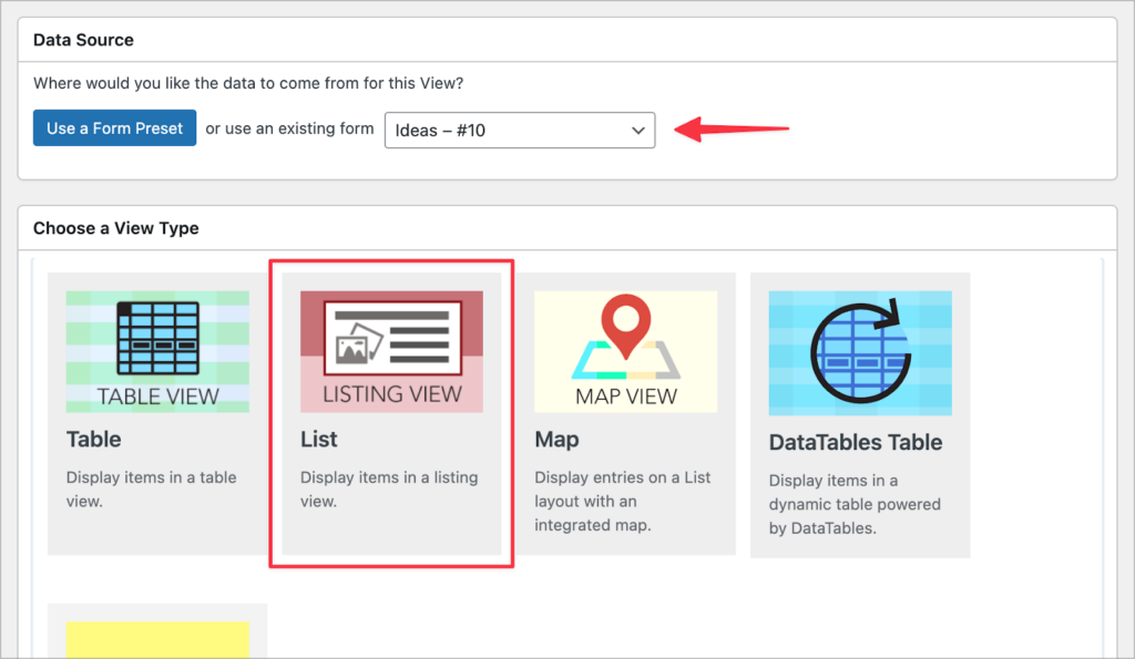 The View creation screen in GravityView; there is an arrow pointing to a dropdown field for selecting a form; below that there is a meta box for selecting a View type (here the list field is selected)