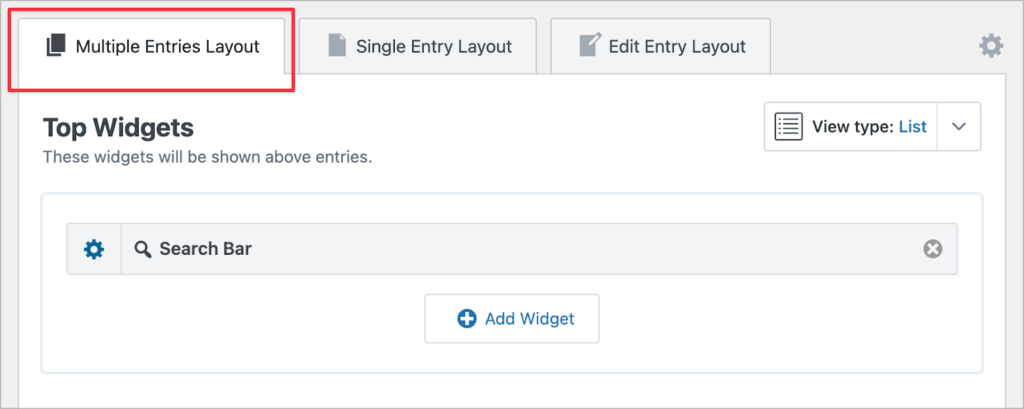 The GravityView editor; the multiple entries layout tab is highlighted