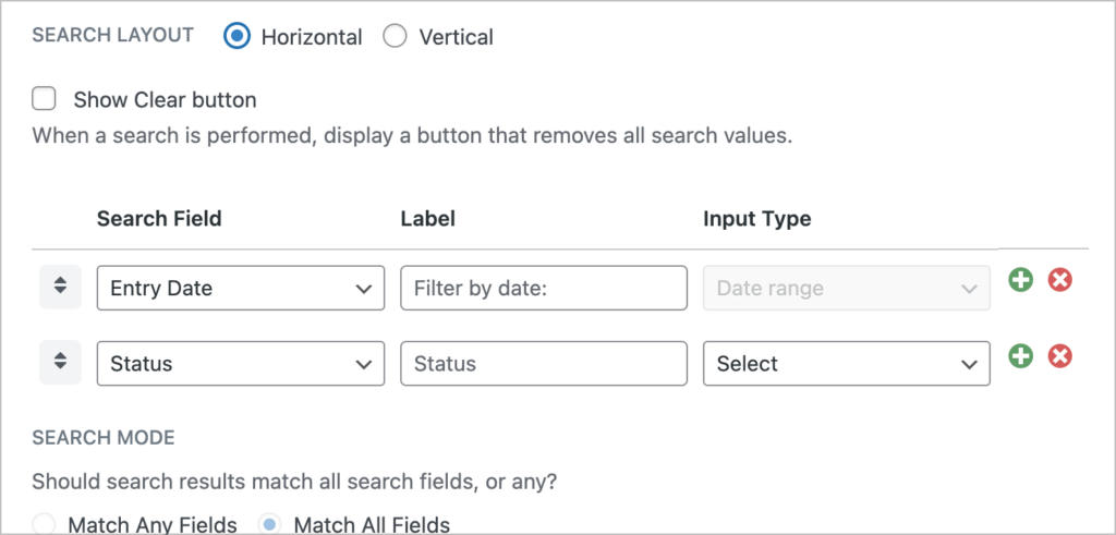The search bar settings with options for adding new search fields