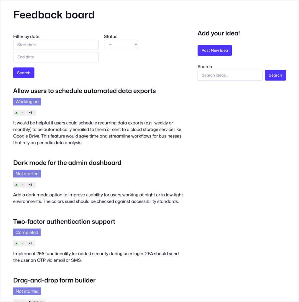 A feedback board built with Gravity Forms and GravityView; there is a list of ideas posted by users with statuses and ratings