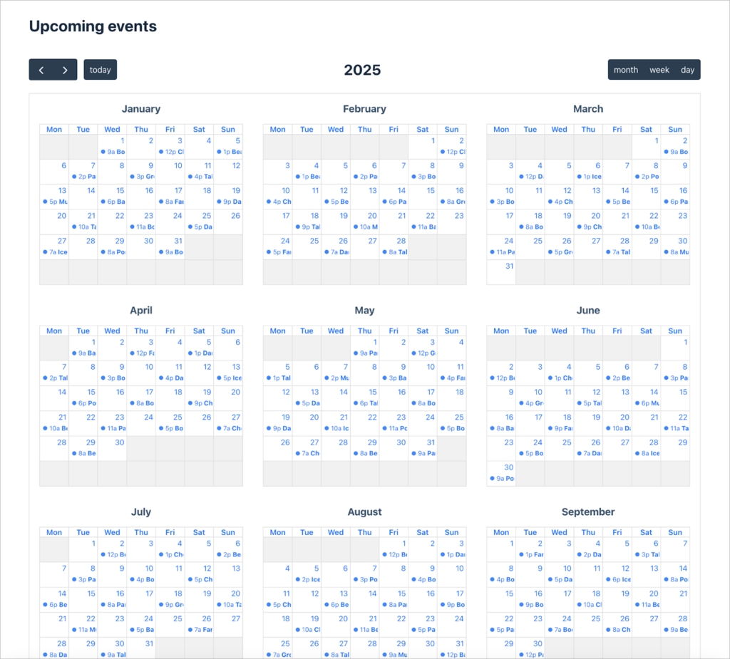 Multiple months of events on a single grid; there are 3 months per row