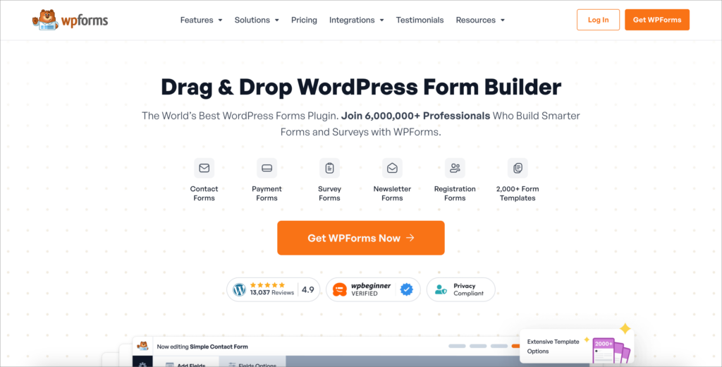 The wpforms homepage. The header reads "Drag & drop WordPress form builder".