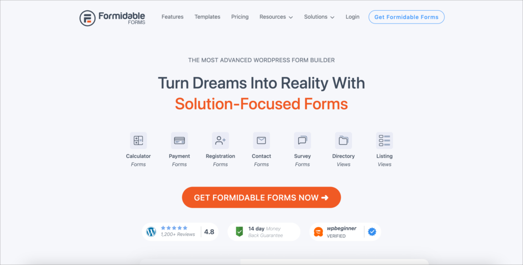 The Formidable Forms homepage. The header reads "Turn dreams into reality with solution-focused forms".