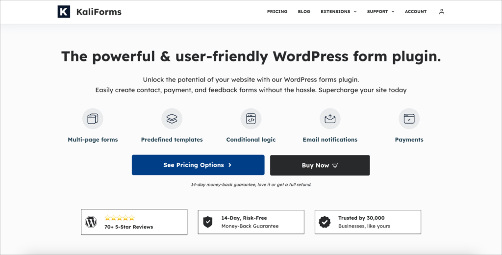 The KaliForms homepage. The header reads "The powerful & user-friendly WordPress form plugin".