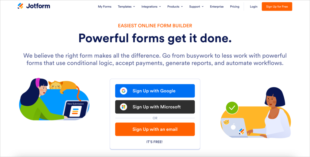 The Jotform homepage. The header reads "Powerful forms get it done".