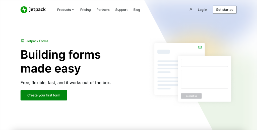 The Jetpack forms landing page. The header reads "Building forms made easy".
