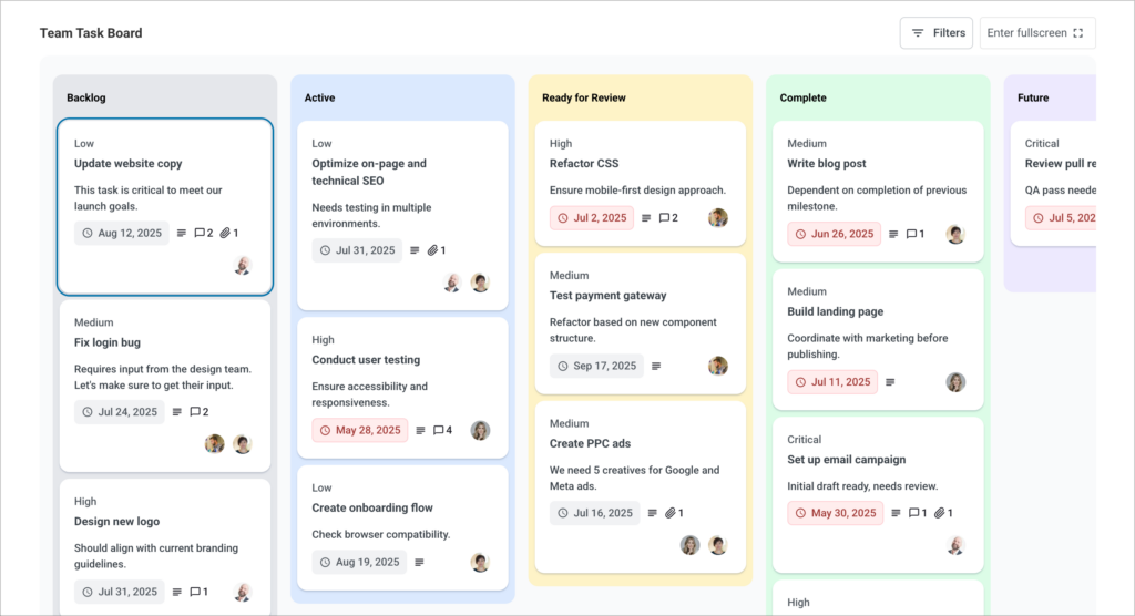 A kanban board with color-coded lanes and tasks in each