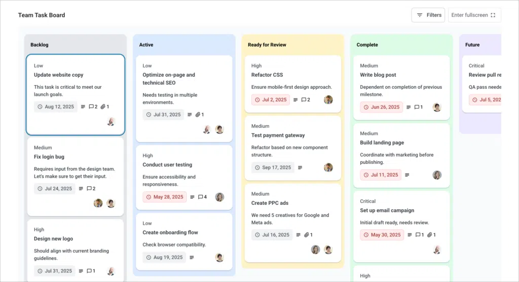 A kanban board with color-coded lanes and tasks in each