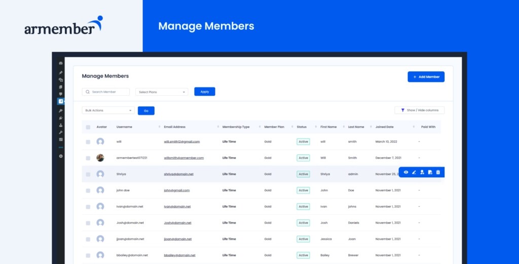 The 'Manage Members' screen in the armember plugin for WordPress